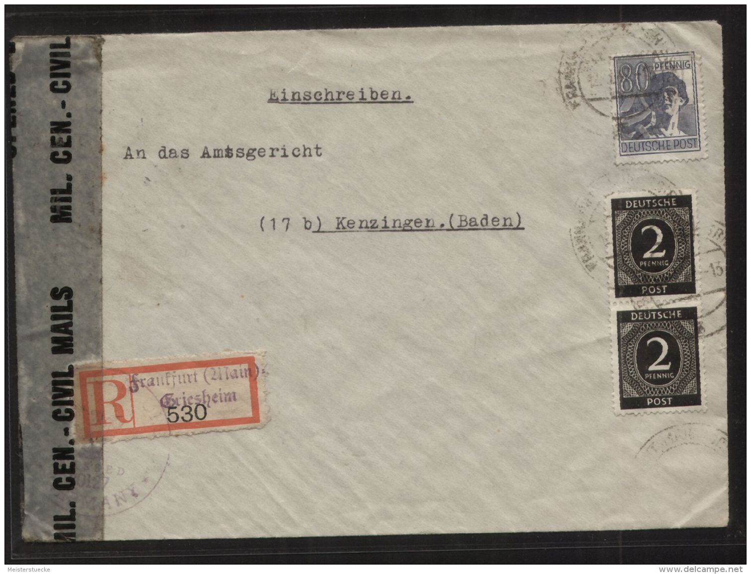 Alliierte Besetzung - 2 X MiNr. 912 + MiNr. 957 Als MiF Auf R-Brief Mit Zensur - Gelaufen FRANKFURT-GRIESHEIM 12.3.1947 - Sonstige & Ohne Zuordnung