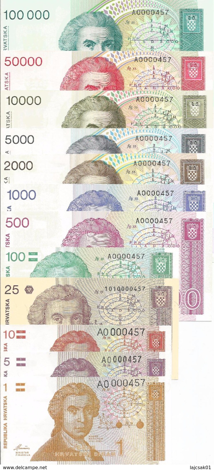 Croatia 1991 - 1993. Set Of 12 UNC Banknotes With Low Serial Number - Croatia