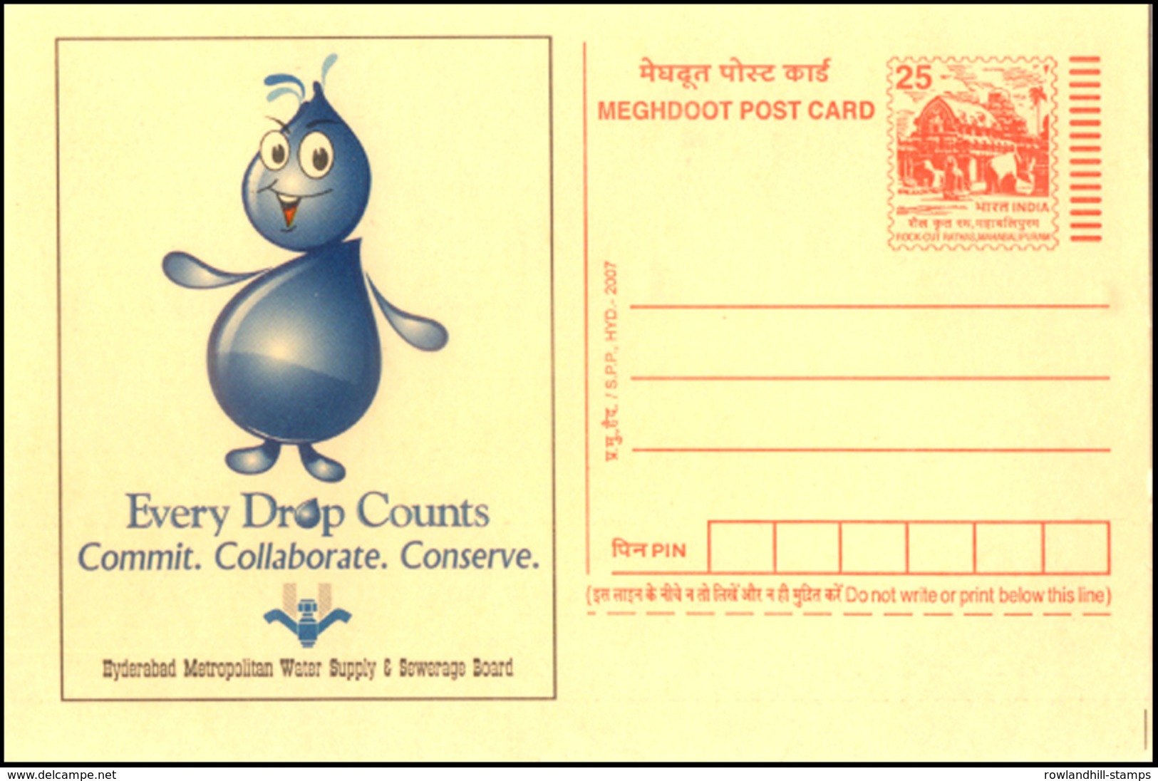 India, 2007, WATER CONSERVATION, Sewerage, Water Supply, Meghdoot Post Card, Unused, Stationery, Postcard, Energy. - Wasser