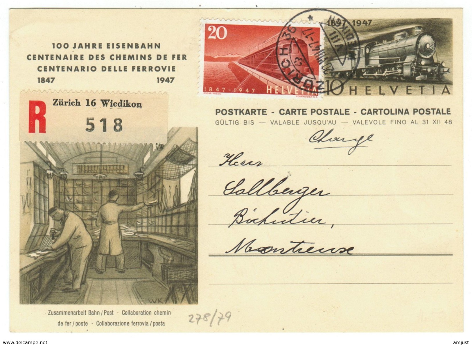 Suisse // Schweiz // Switzerland //  Entier Postaux  // Entier Postal Au Départ De Zurich Le 20.08.1947 - Ganzsachen