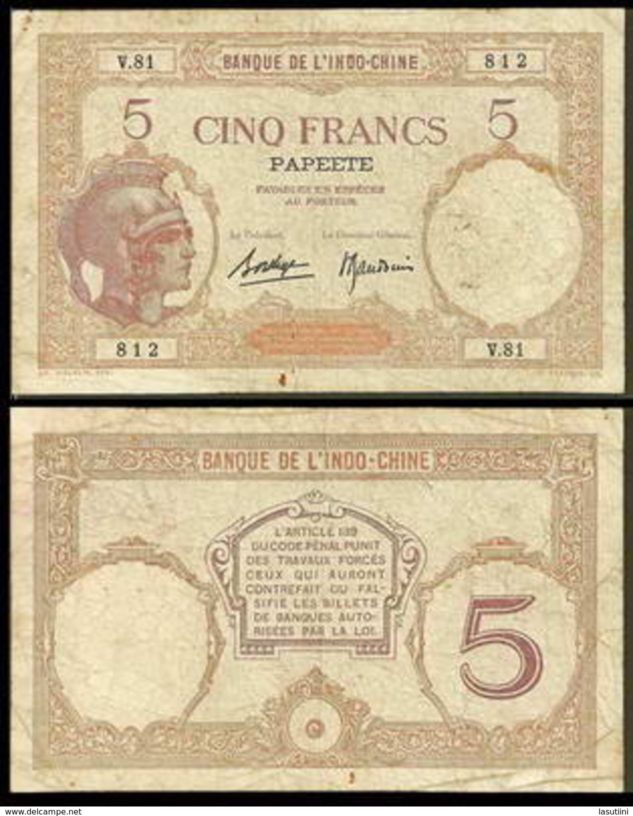 Tahiti Papeete 5 Francs 1927 F+ - Papeete (French Polynesia 1914-1985)