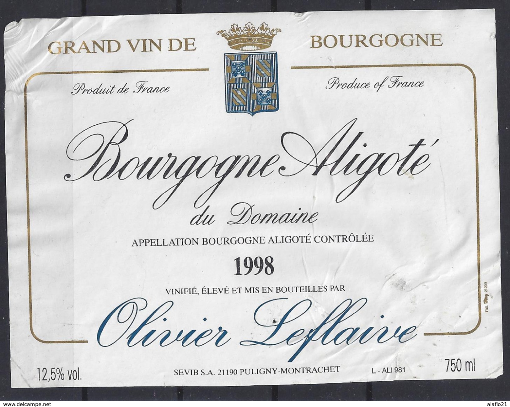 ETIQUETTE BOURGOGNE ALIGOTE 1998 - Olivier Leflaive - Bourgogne