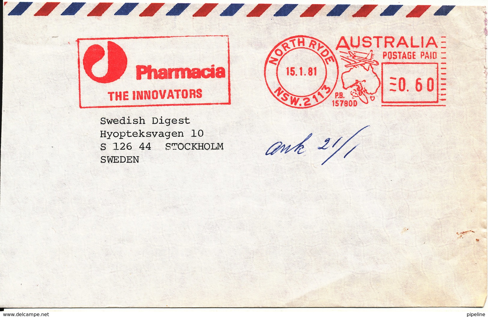 Australia Air Mail Cover With Meter Cancel North Ryde  15-1-1981 (Pharmacia) The Cover Is Cut In The Left Side - Covers & Documents