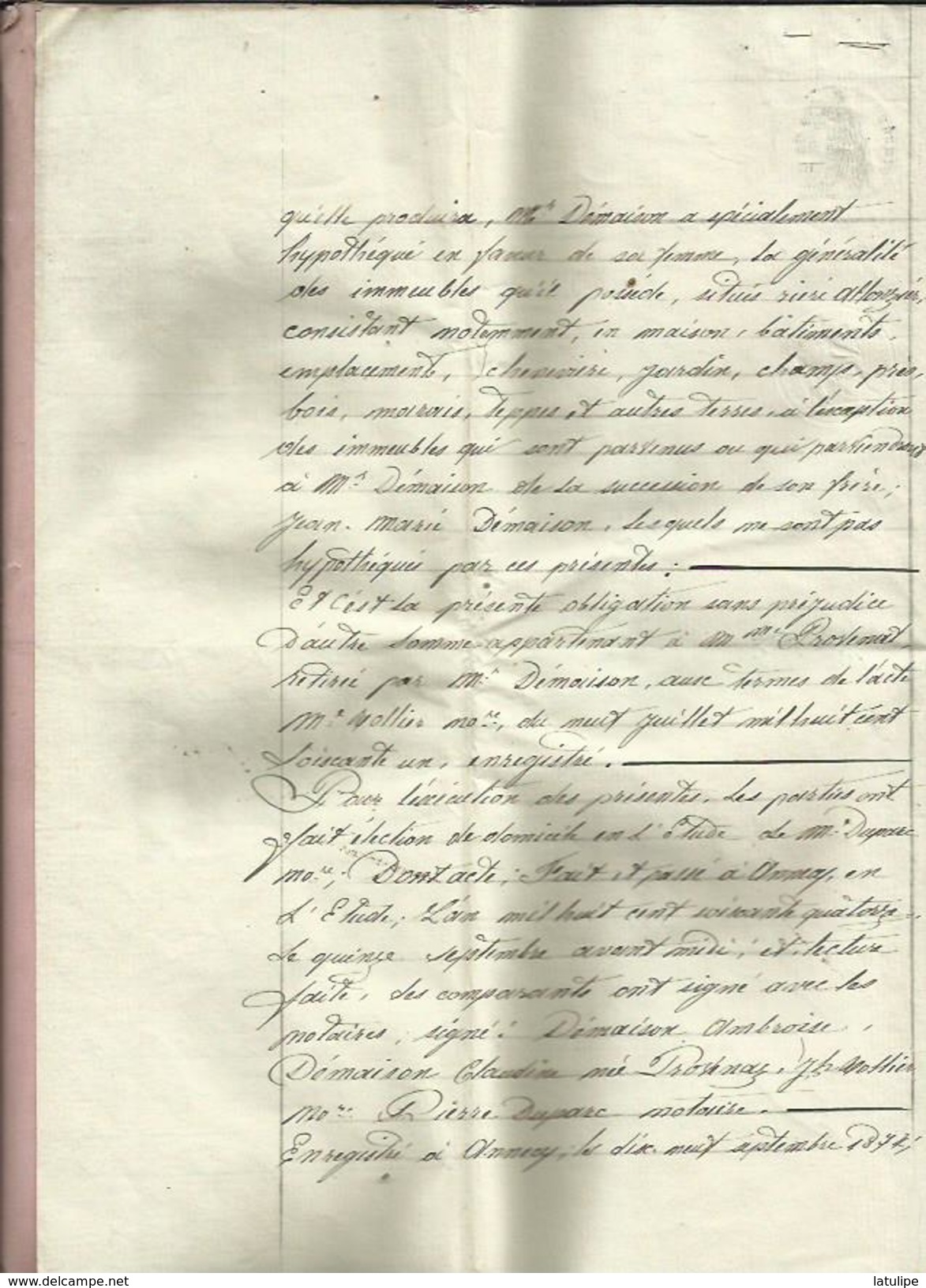 Lettre Timbré Fiscal 1f50 2ct10 En Sus De Me DUPARC NOTAIRE  Annecy  De Mr DEMAISON E A Allonzier Et Mme PROVENAT - 1800 – 1899