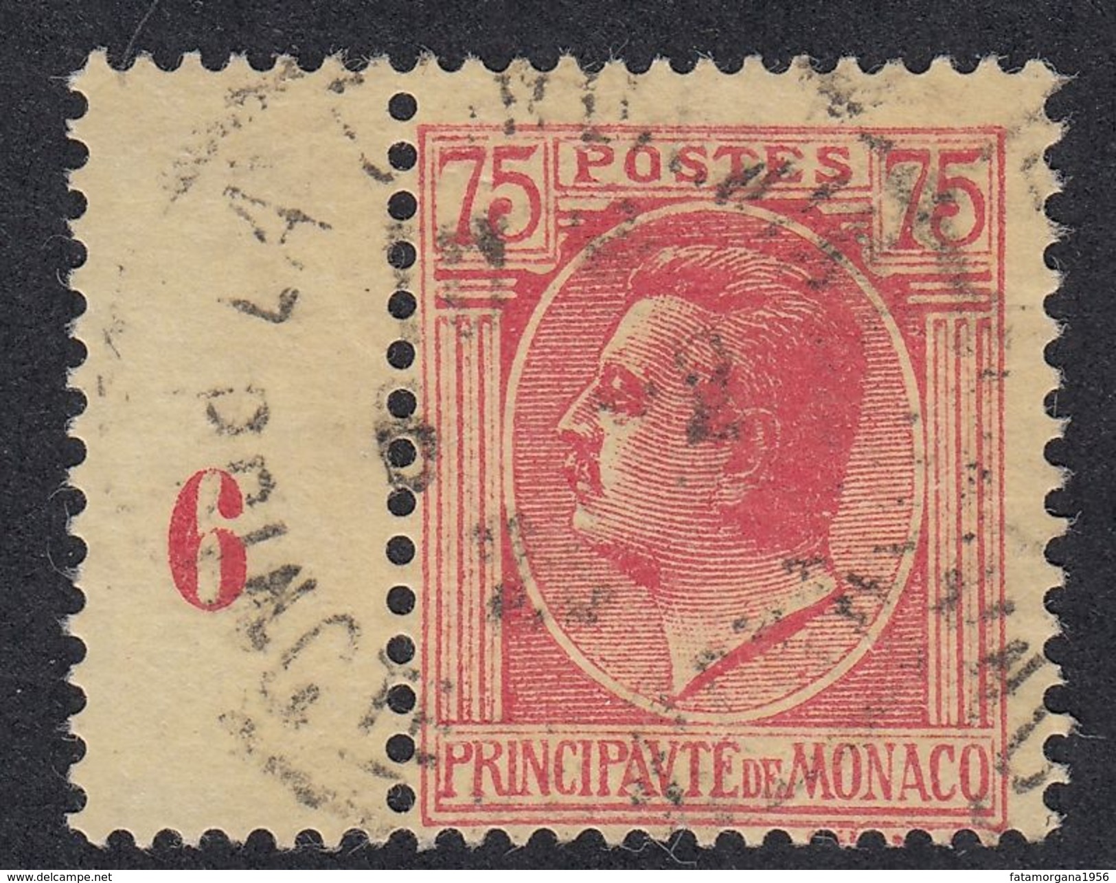 MONACO - 1926 - Yvert 91 Usato; 75 Centesimi, Rosa Su Carta Paglia Con Numero 6 (Millésime) Su Banda Laterale. - Variétés