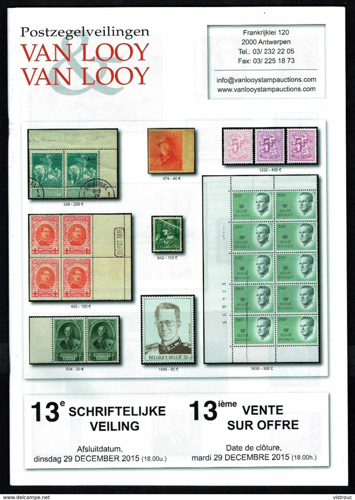 Maison VAN LOOY -  13 E Vente - Anvers - Décembre 2015. - Catalogues For Auction Houses