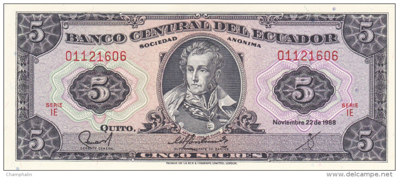 Equateur - Billet De 5 Sucres - 22 Novembre 1988 - Antonio José De Sucre - Neuf - Equateur