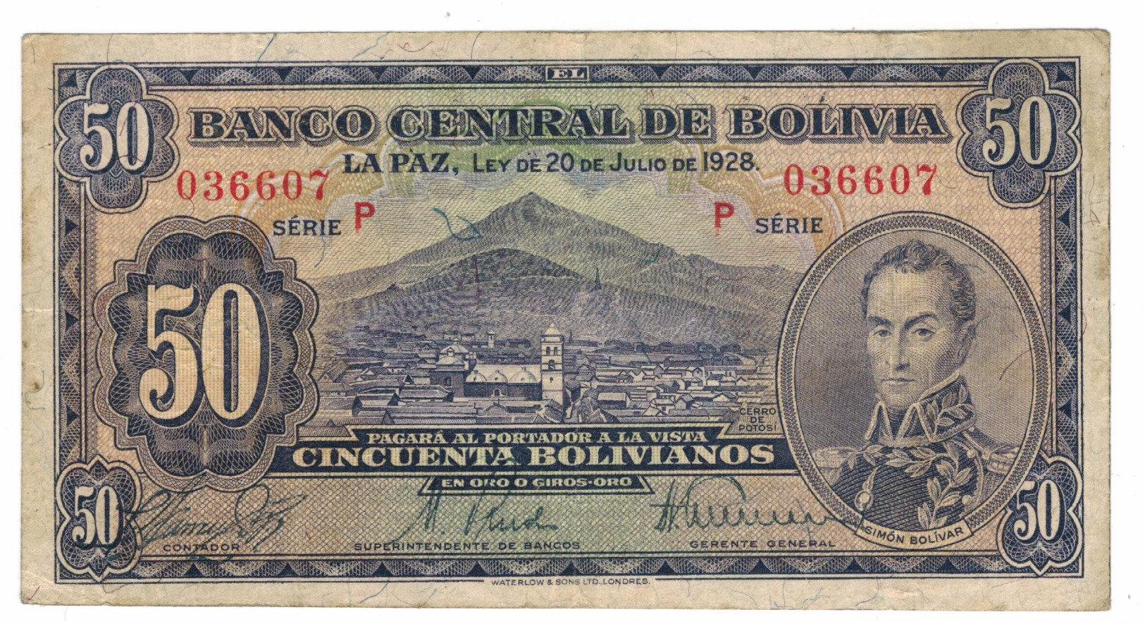 Bolivia 50 Bolivianos, 1928, F, Series P,  FREE SHIP. To U.S.A. - Bolivia