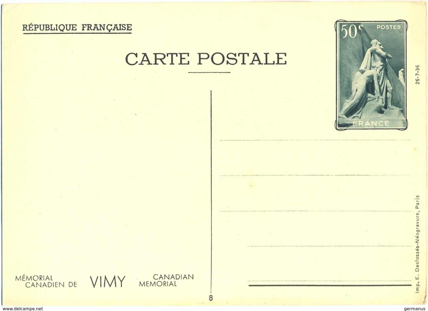 1936 - ENTIER CARTE POSTALE MÉMORIAL CANADIEN DE VIMY 26-7-36  CP 50 C. Vert YT 7 N° 8 - Standard- Und TSC-AK (vor 1995)
