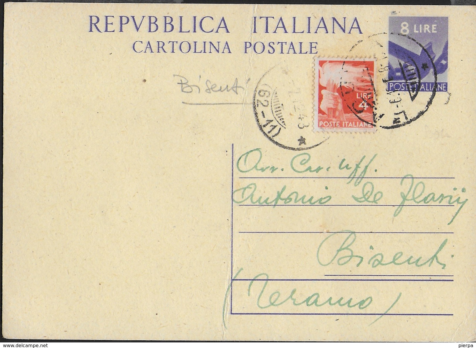 STORIA POSTALE REPUBBLICA - ANNULLO FRAZIONARIO BISENTI (TE) 62-11 SU INTERO POSTALE - 1946-60: Poststempel