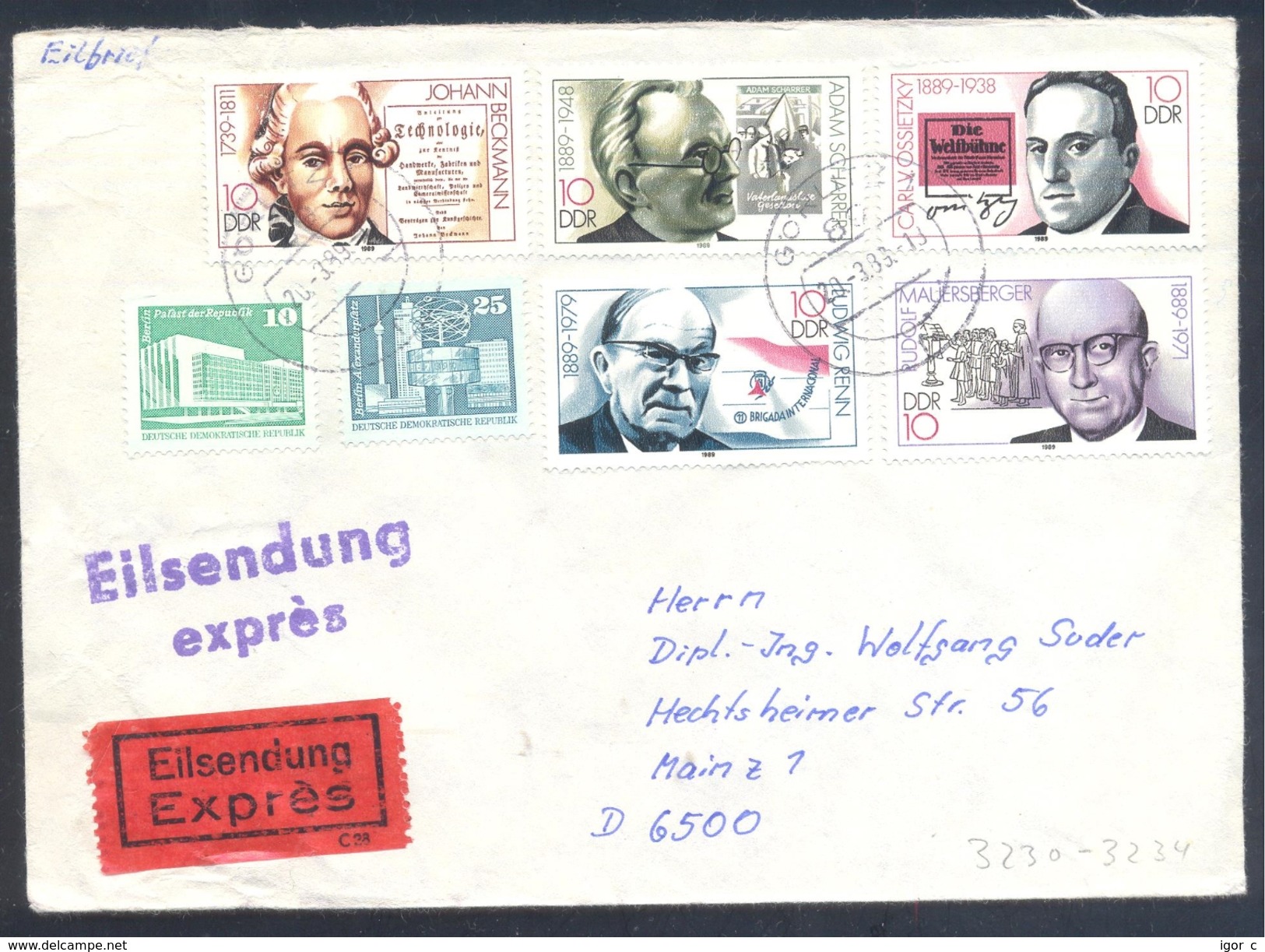 Germany Deutschland DDR 1989 Expres Eilsendung Cover; Famous People Beckmann Scharrer Renn Ossietzky Mauersberger - Altri & Non Classificati