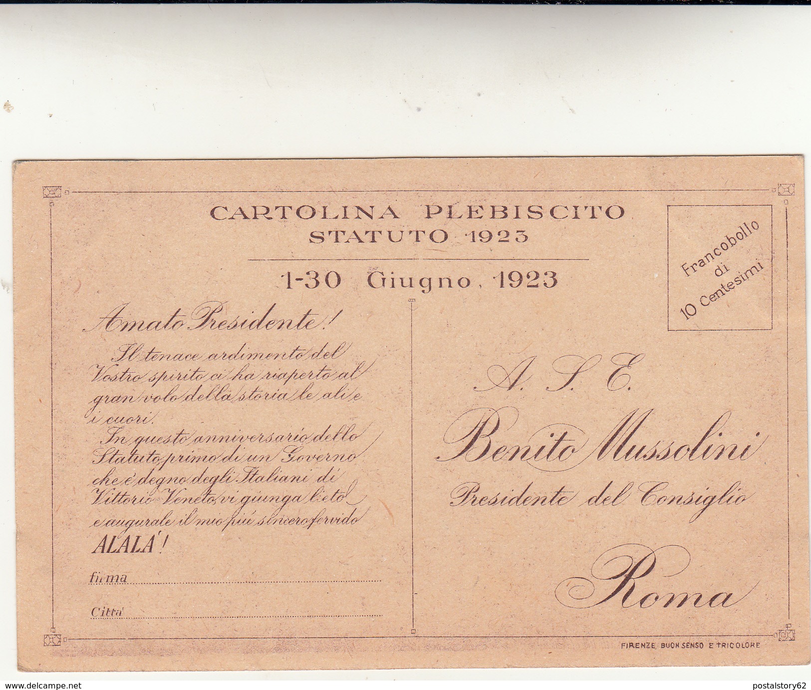 Cartolina Plebiscito Statuto 1923, Autore Anichini. - Altri & Non Classificati