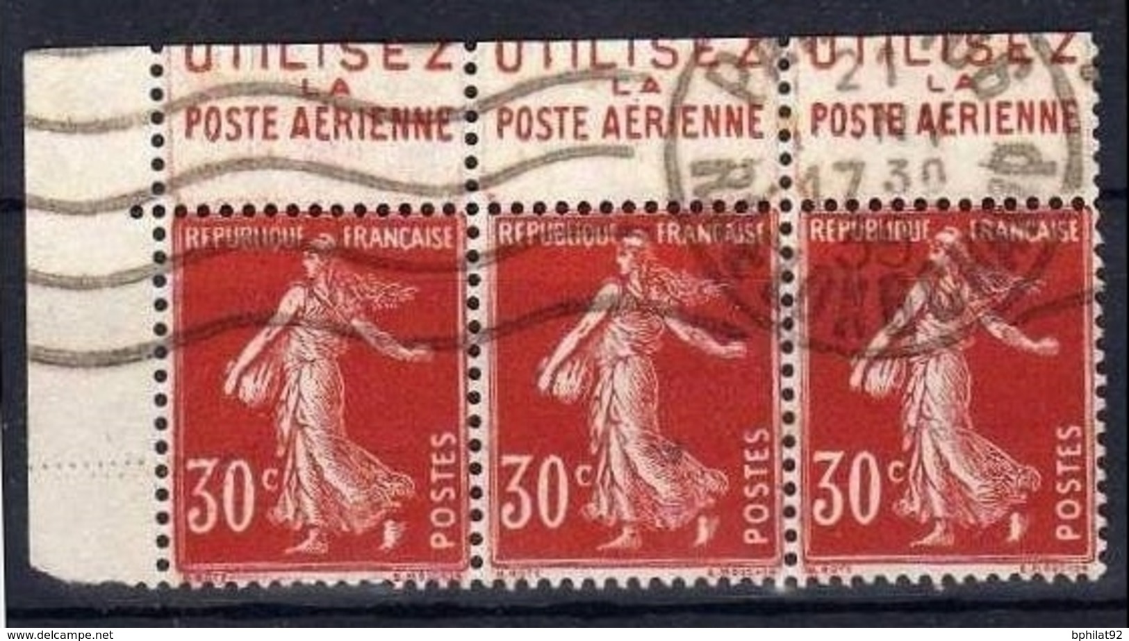 !!! 30 C SEMEUSE CAMEE BANDE DE 3 AVEC PUBS POSTE AERIENNE OBLITEREE - Used Stamps