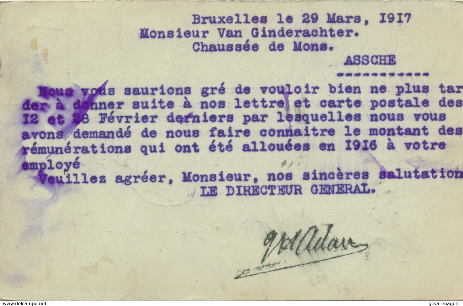 BRUXELLES 1917 - LA ROYALE BELGE   NAAR ASSE VAN GINDERACHTER MET DUITSE CONTROLE STEMPEL - 2 AFBEELDINGEN - Asse