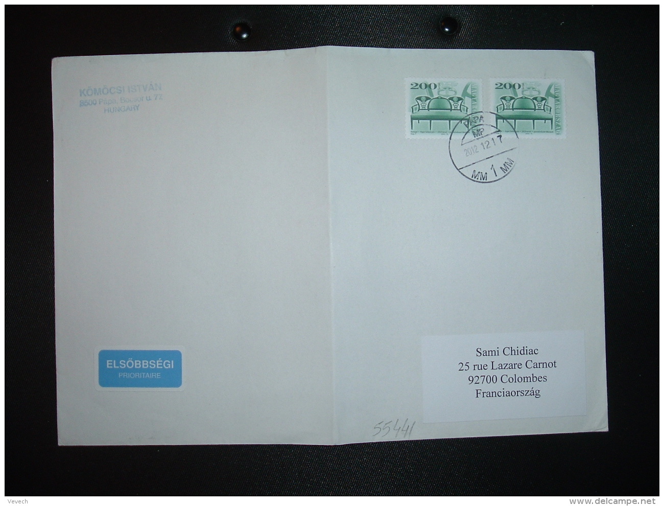 LETTRE Pour La FRANCE TP KANAPE VOGEL SEBESTYEN 200 X2 OBL.2012 12 17 PAPA - Briefe U. Dokumente