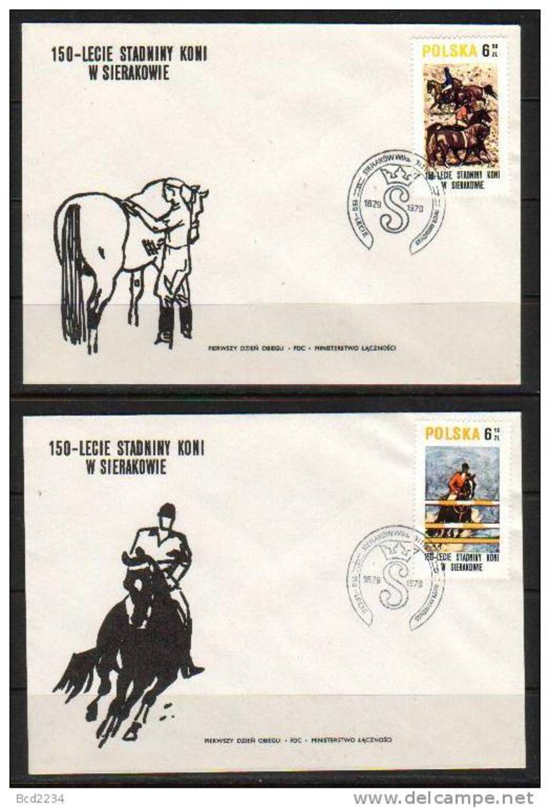 POLAND FDC 1980 150TH ANNIVERSARY HORSE STUD STABLES SIERAKOW Animals Transport Carriages Riding Eventing - FDC