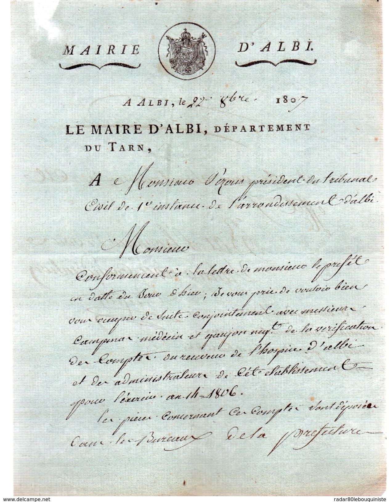 Le Maire D'ALBI,TARN à Monsieur Pezous Juge Président Du Tribunal Civil D'Albi.Document Manuscrit Signé:DUFAY - Documents Historiques