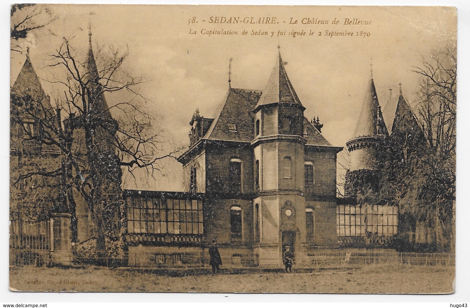 (RECTO / VERSO) SEDAN EN 1914 - N° 58 - LE CHATEAU DE BELLEVUE - CAPITULATION DE 1870 - BEAU CACHET - CPA VOYAGEE - Sedan