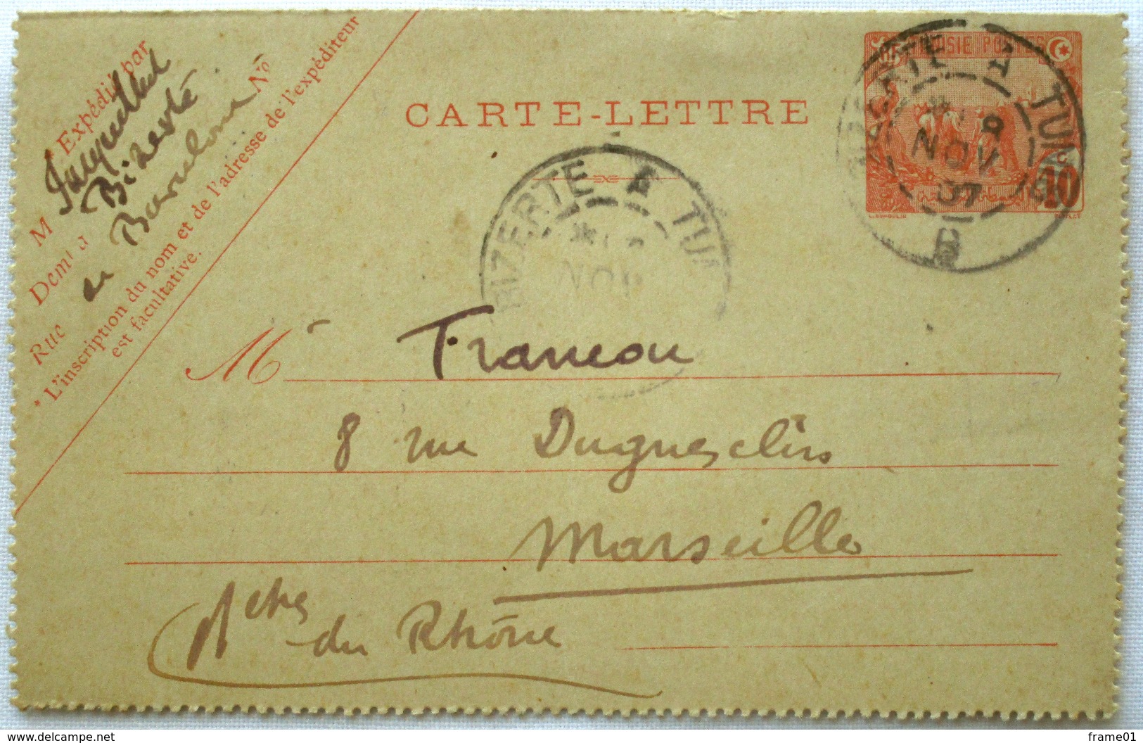 Tunisie Carte Lettre  1907 Bizerte --> Marseille, Affr. 10c Tad Ambulant Bizerte à Marseille - Lettres & Documents