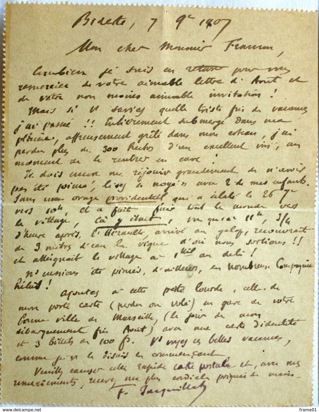 Tunisie Carte Lettre  1907 Bizerte --> Marseille, Affr. 10c Tad Ambulant Bizerte à Marseille - Lettres & Documents