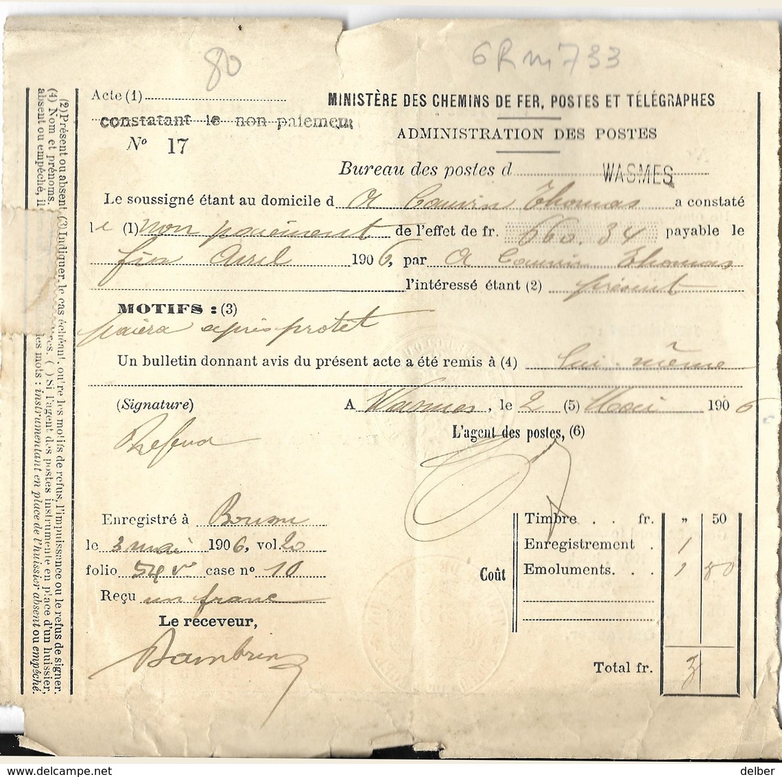 _6Rm-733:  Constatant Le Non Paiement Bureau De Poste: WASMES  1902... NIET BETALING:  Verder Uit Te Zoeken... - Other & Unclassified