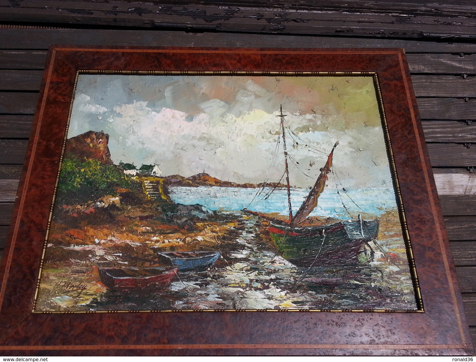 Tableau Peinture Marine Port De Pêche Cote Habitation Mer Signé Du Peintre H MORLEY ( Henry à Confirmer ) - Other & Unclassified