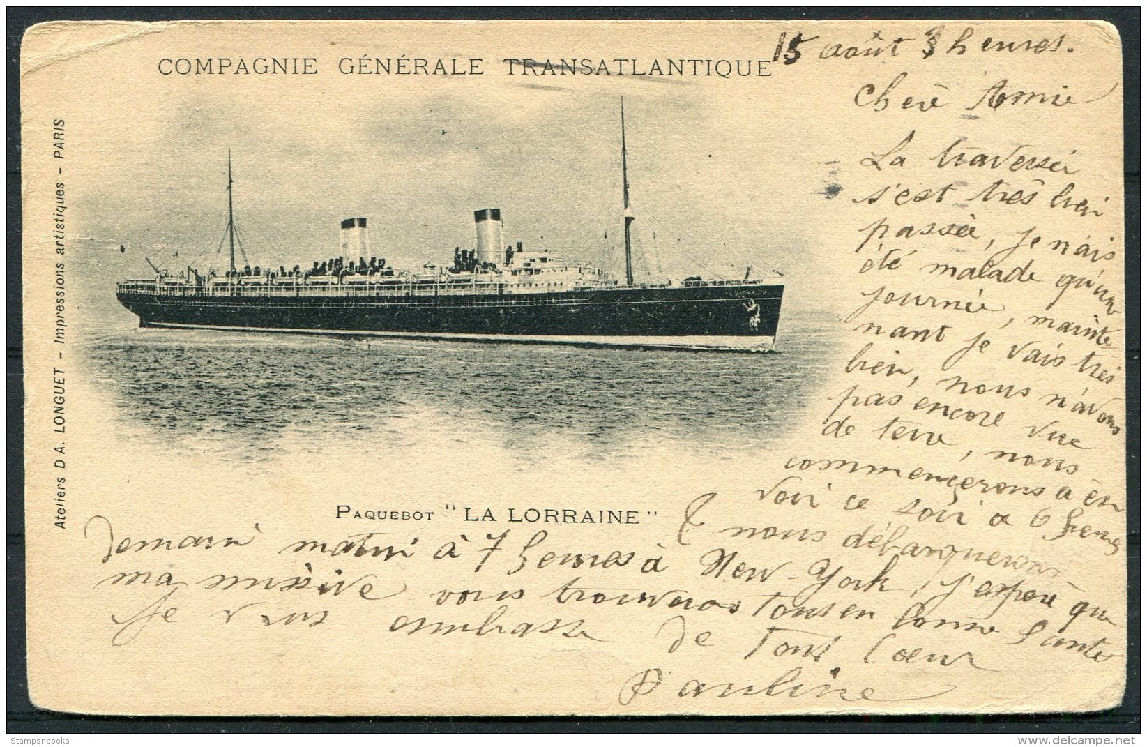 1902 Paquebot 'LA LORRAINE' Compagnie Generale Transatlantique Ship Postcard. Ateliers D.A. Longuet USA - Paris. - Steamers