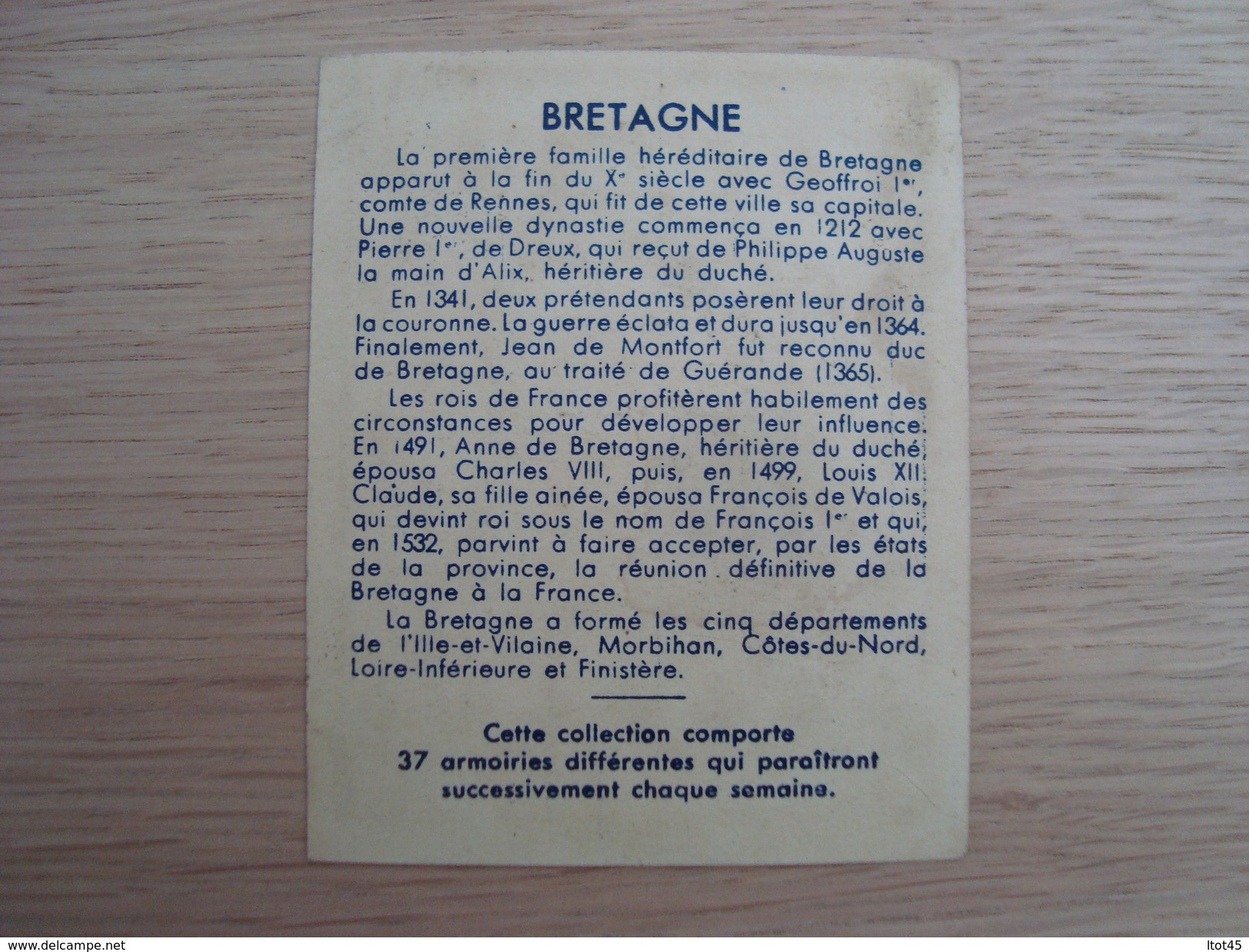 IMAGE COLLECTION DES ARMES DE FRANCE BRETAGNE - Autres & Non Classés