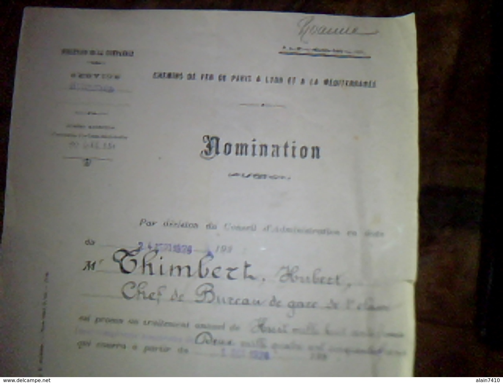 Chemins De Fer Paris A Lyon Et A La Mediterrannee Nomination D Augmentation De Salaire D Un Chef De Gare Annee 1926 - Transports