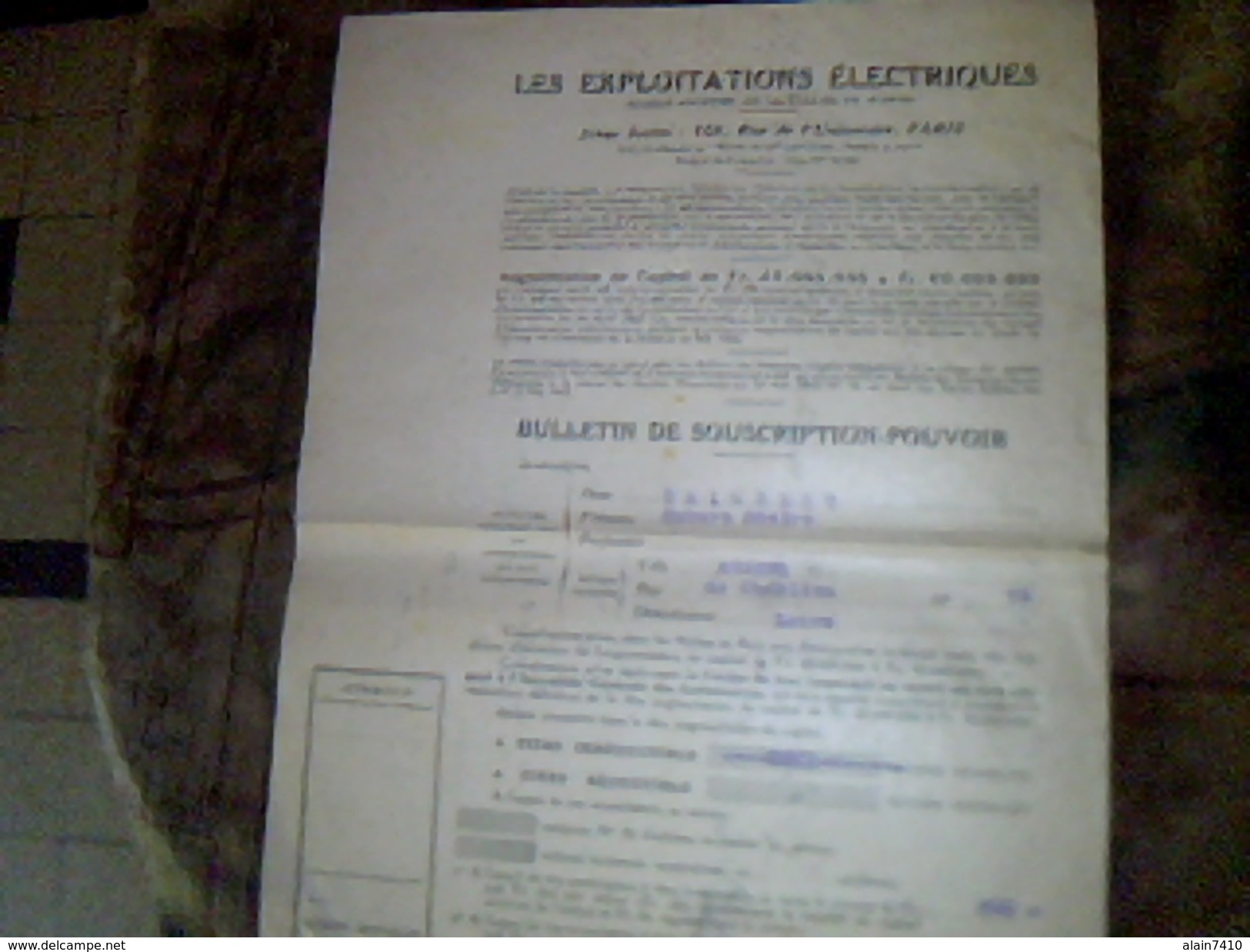 Les Exploitations Electriques A Paris Buletin De Souscription De 600 Fr  Titre Action Annee 1943 - Elektriciteit En Gas