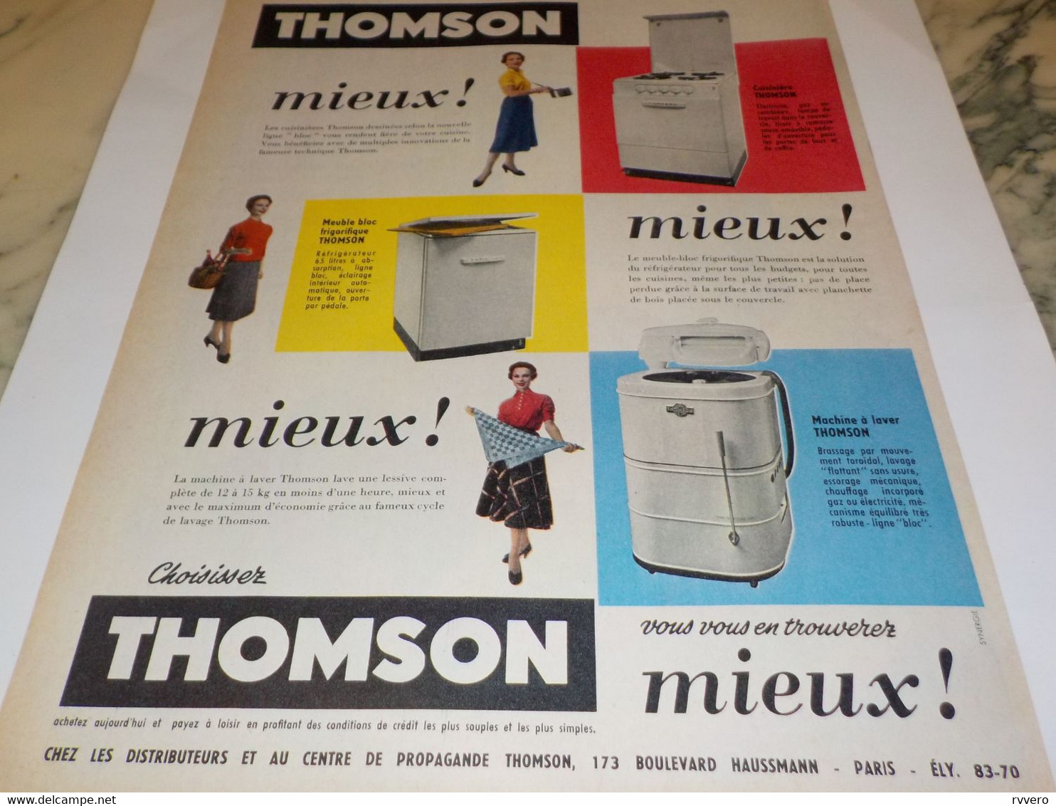 PUBLICITÉ THOMSON 3 NOUVEAUTÉS MACHINE A LAVER MEUBLE FRIGORIFIQUE CUISINIÉRE 