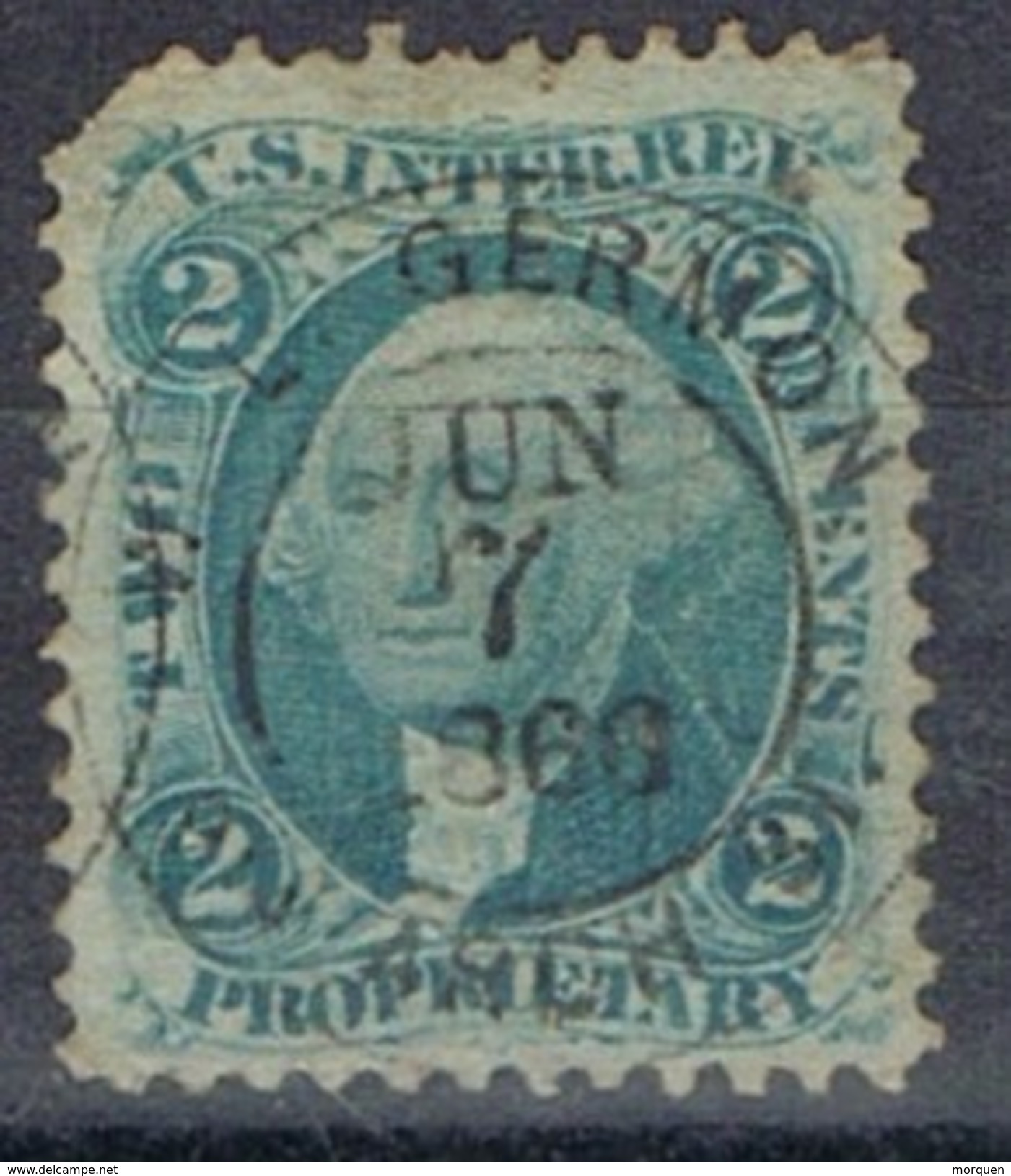 Sello 2 Ctvos Washington, U.S. Inter Rev. 1866, Propietary, Fiscal º - Revenues