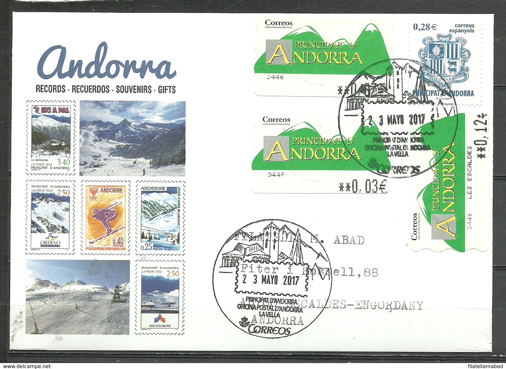 ANDORRA CORREO ESPAÑOL SOBRE CON FRANQUEO MIXTO ETIQUETAS YA NO EN VENTA EN ANDORRA MATASLLOS ESPECIAL (S-1.C.5.17) - Covers & Documents