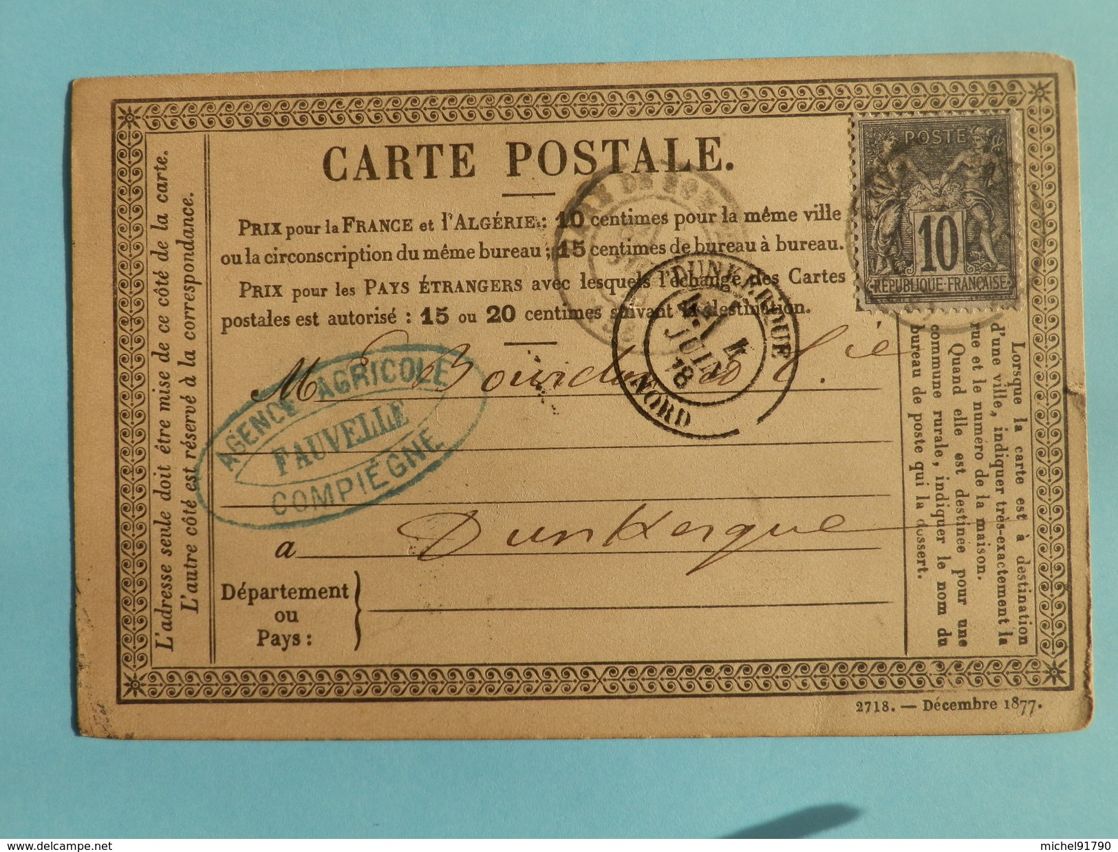 SAGE 89 SUR PRECURSEUR DES CARTES POSTALES DE COMPIEGNE A DUNKERQUE DU 4 JUIN 1878 - 1849-1876: Klassik