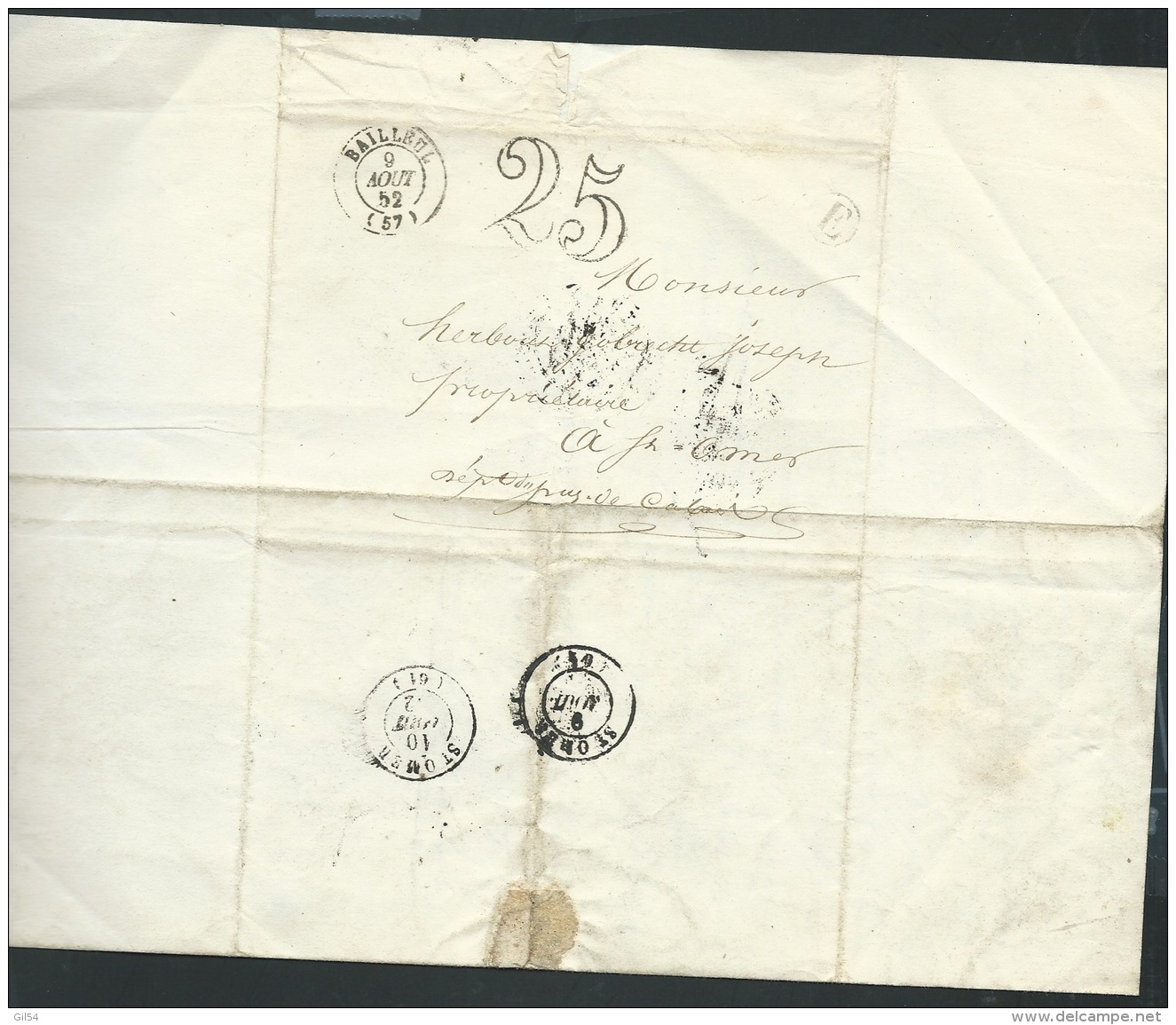 Lettre De Saint Janz Cappel ( Boitier E ) Oblitéré Cad Bailleul ( Nord) L + TAXE 25 , Le 9 Aout 1852  - Aoa10201 - 1849-1876: Klassik