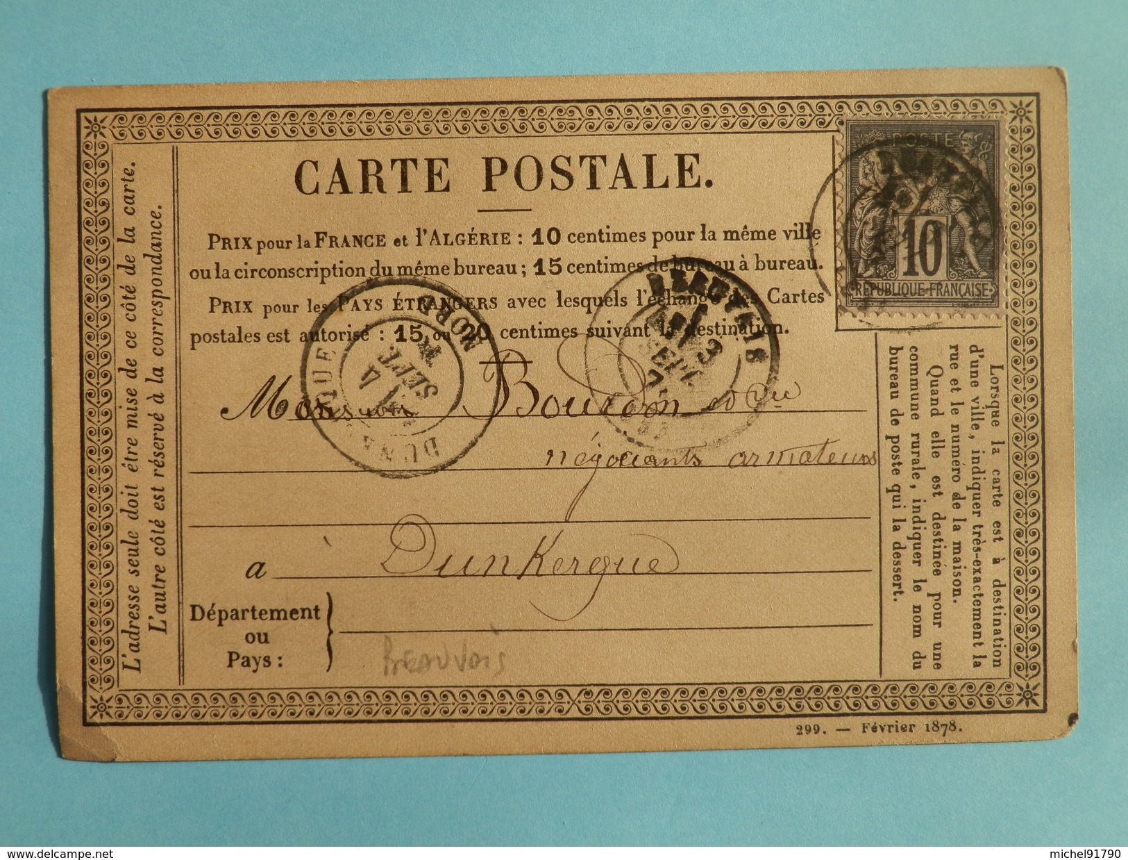 SAGE 89 SUR PRECURSEUR DES CARTES POSTALES DE BEAUVAIS A DUNKERQUE DU 3 SEPTEMBRE 1878 - 1849-1876: Klassik