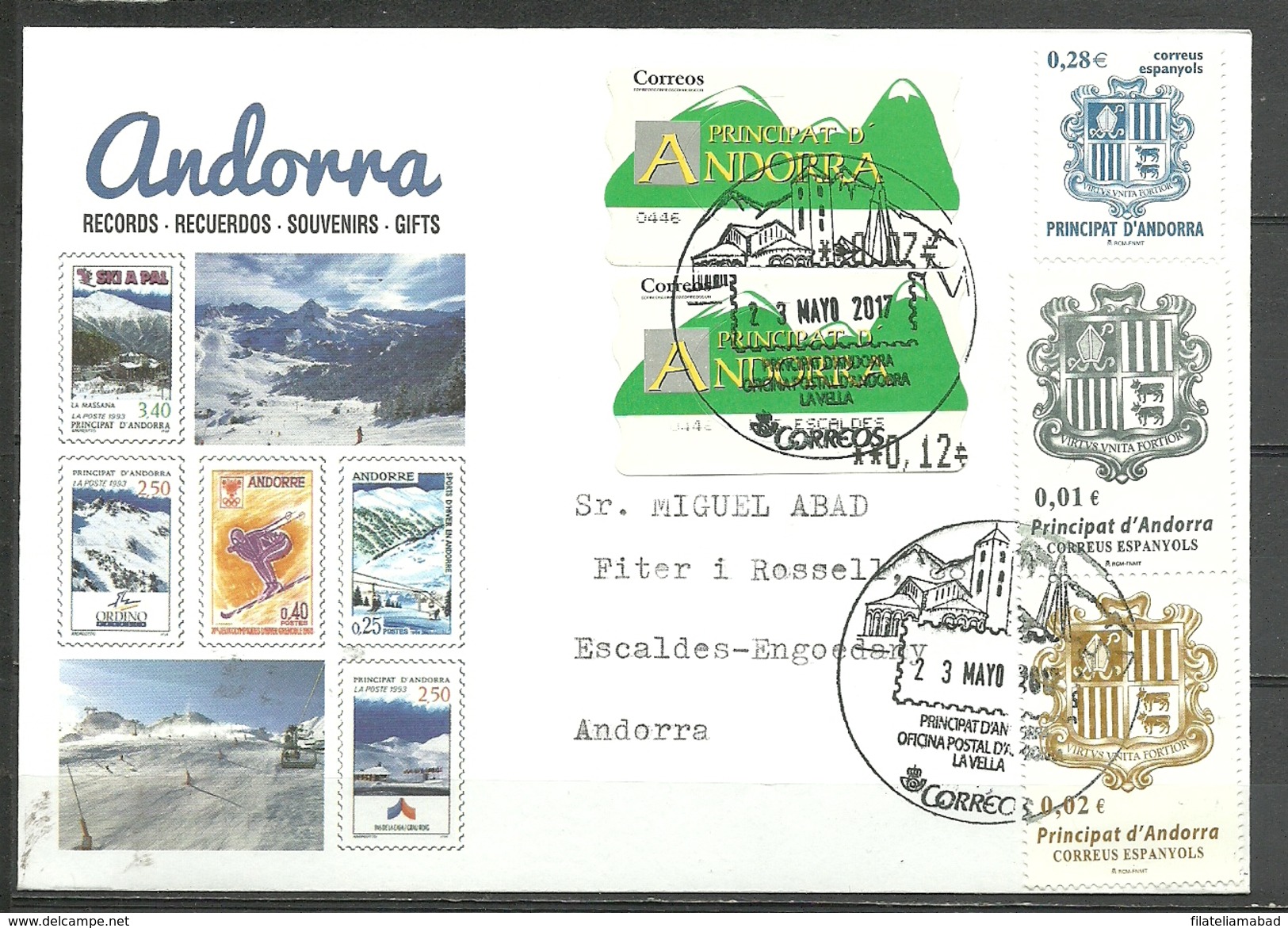 ANDORRA CORREO ESPAÑOL SOBRE CON FRANQUEO MIXTO ETIQUETAS YA NO EN VENTA EN ANDORRA MATASLLOS ESPECIAL (S-1.C.5.17) - Covers & Documents