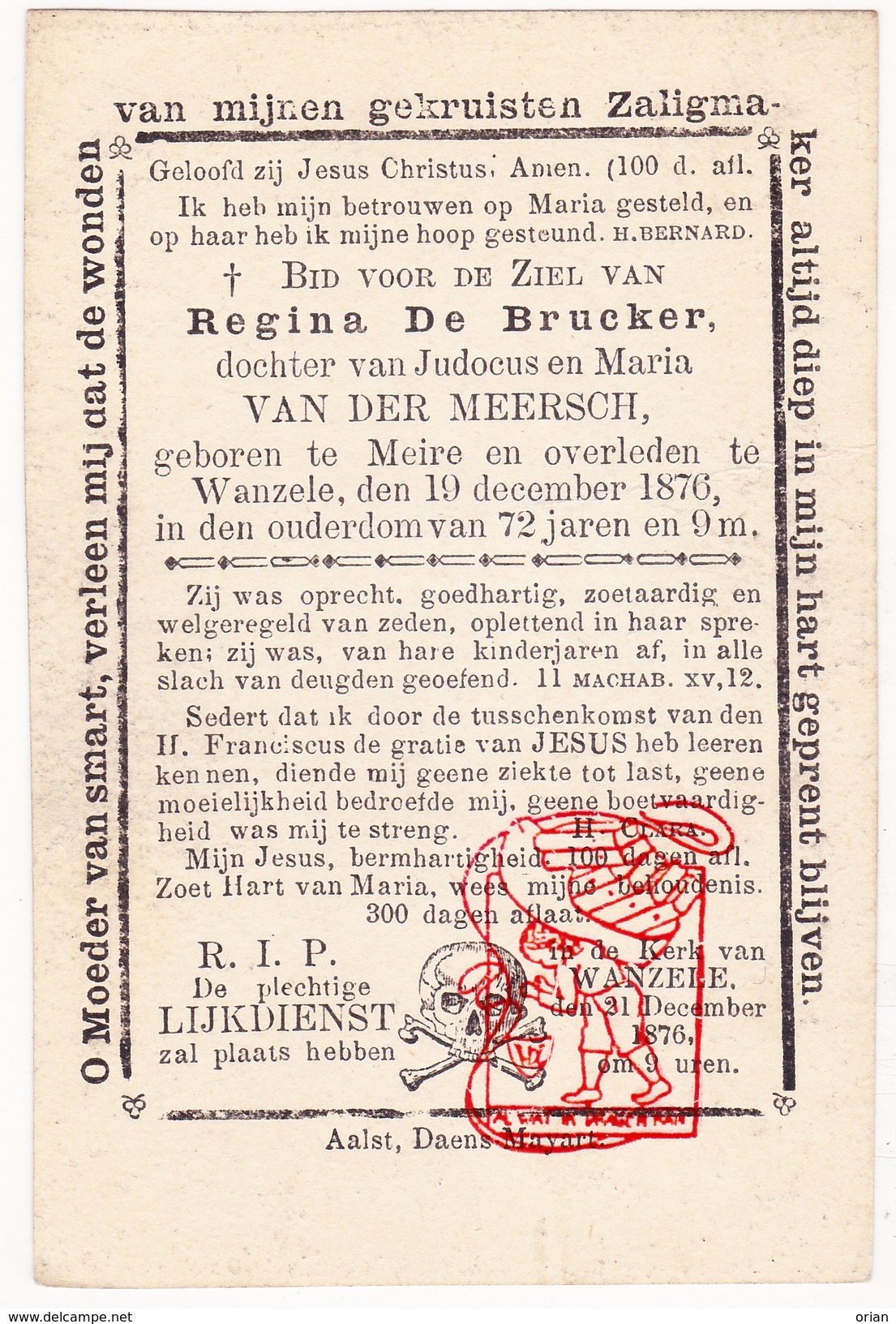 DP Regina De Brucker / Van Der Meersch ° Meire ( Erpe-Mere ) 1804 &dagger; Wanzele Lede 1876 - Images Religieuses