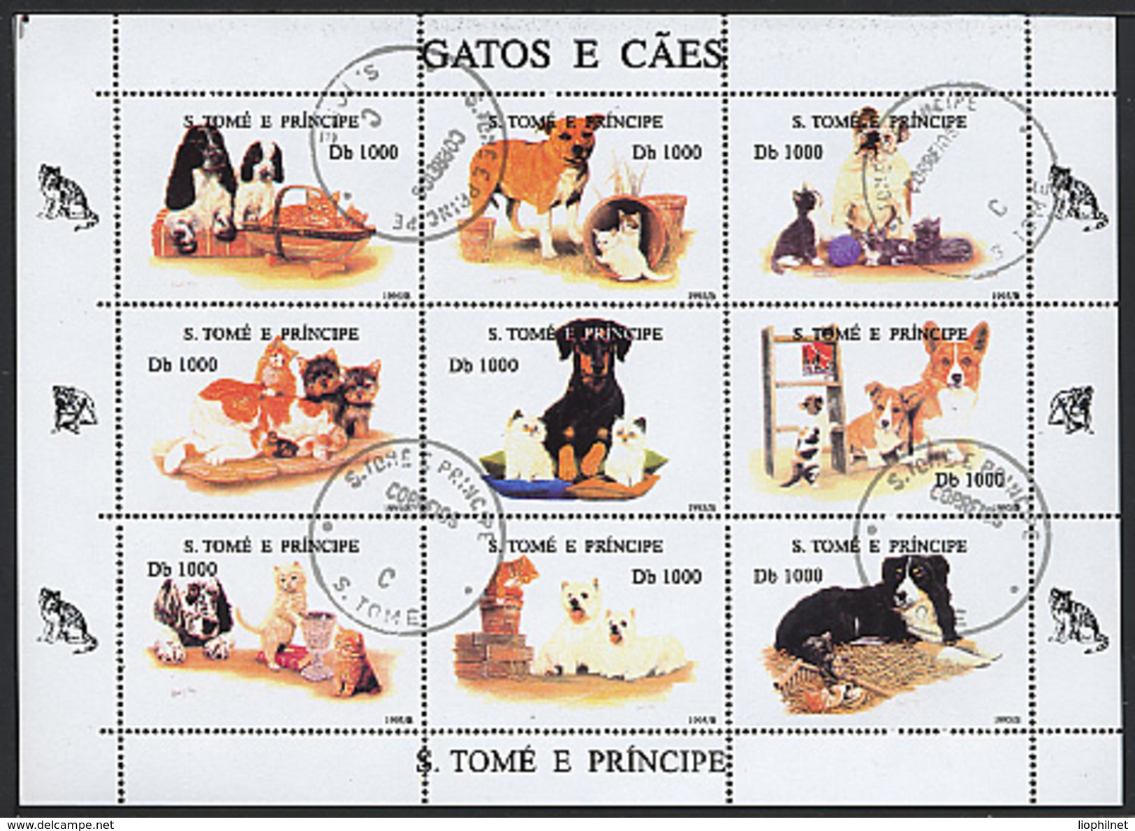 ST THOMAS ET PRINCE SAO TOME E PRINCIPE 1995, CHIENS ET CHATS, 9 Valeurs En Feuillet, Oblitérés / Used. R801 - Hauskatzen