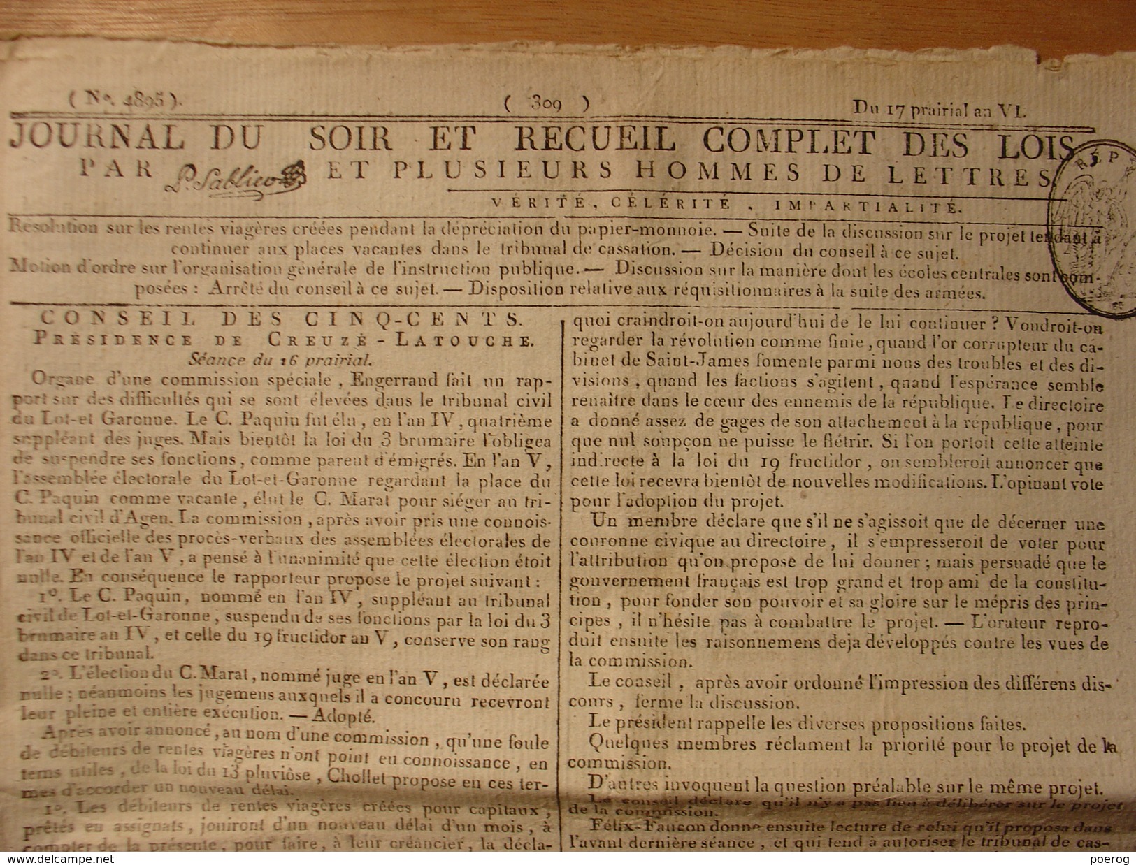 JOURNAL DU SOIR DU 17 PRAIRIAL AN VI (5 JUIN 1798) - INSTRUCTION PUBLIQUE ECOLES - EMIGRES - SUISSE - REQUISITION ARMEES - Giornali - Ante 1800