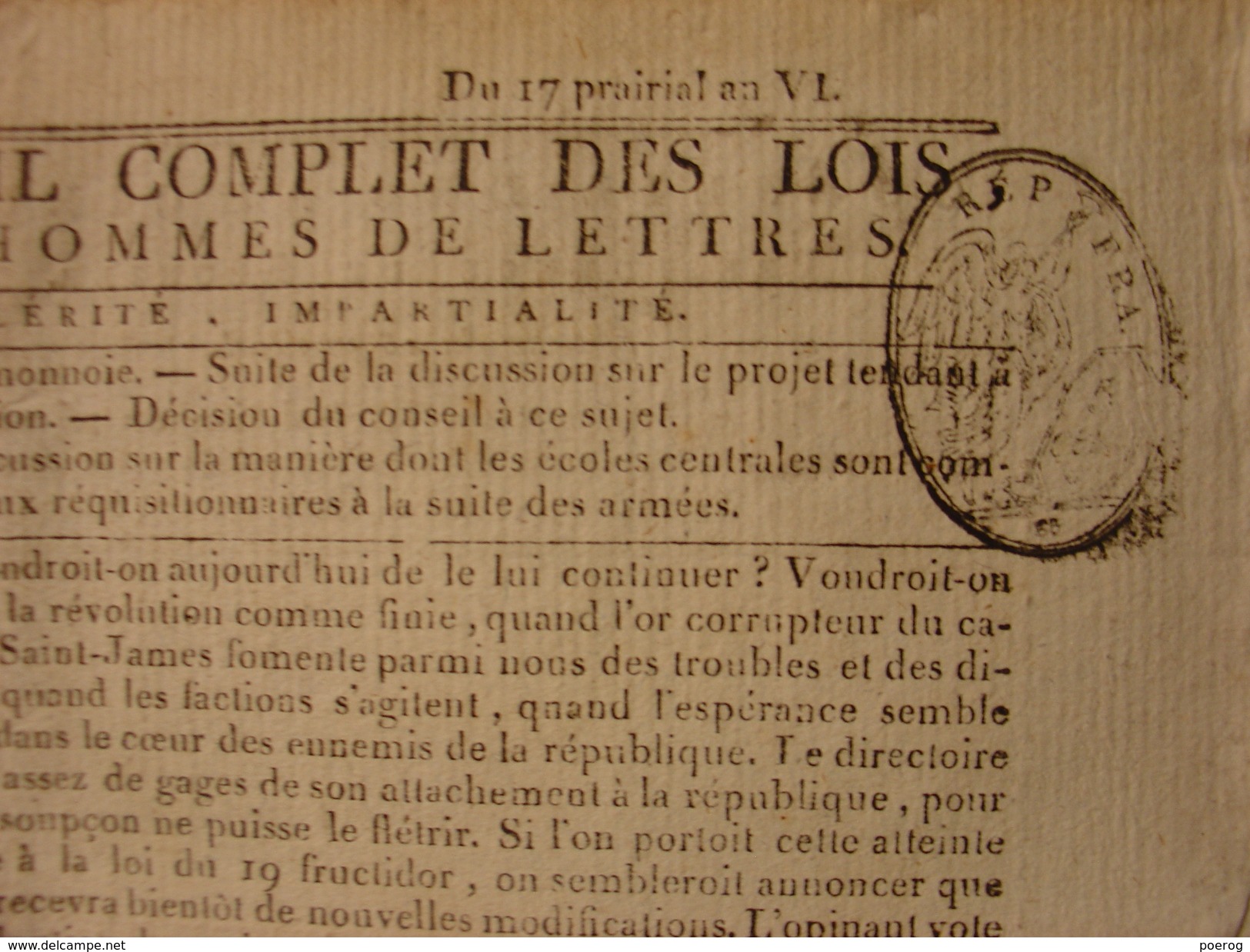 JOURNAL DU SOIR DU 17 PRAIRIAL AN VI (5 JUIN 1798) - INSTRUCTION PUBLIQUE ECOLES - EMIGRES - SUISSE - REQUISITION ARMEES - Periódicos - Antes 1800