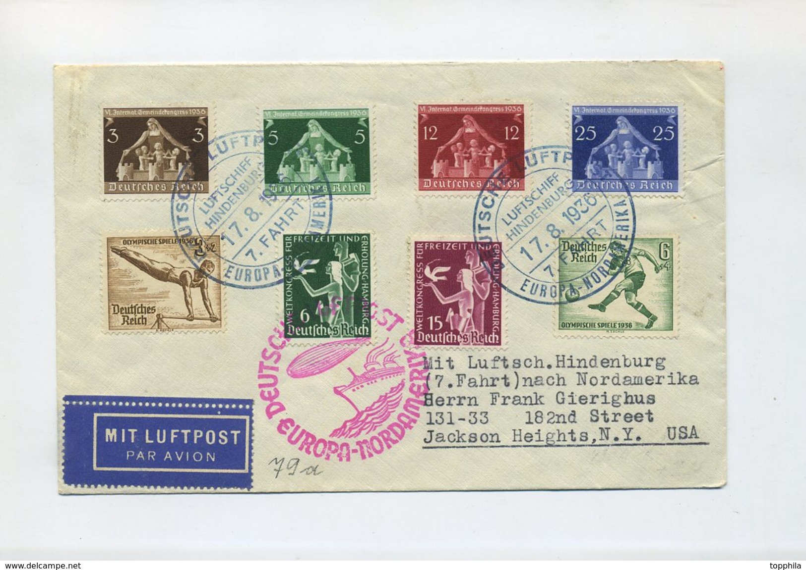 1936 3. REICH  ZEPPELIN HINDENBURG 7. NORDAMERIKAFAHRT BRIEF BORDPOST SIEGER 430A - Briefe U. Dokumente