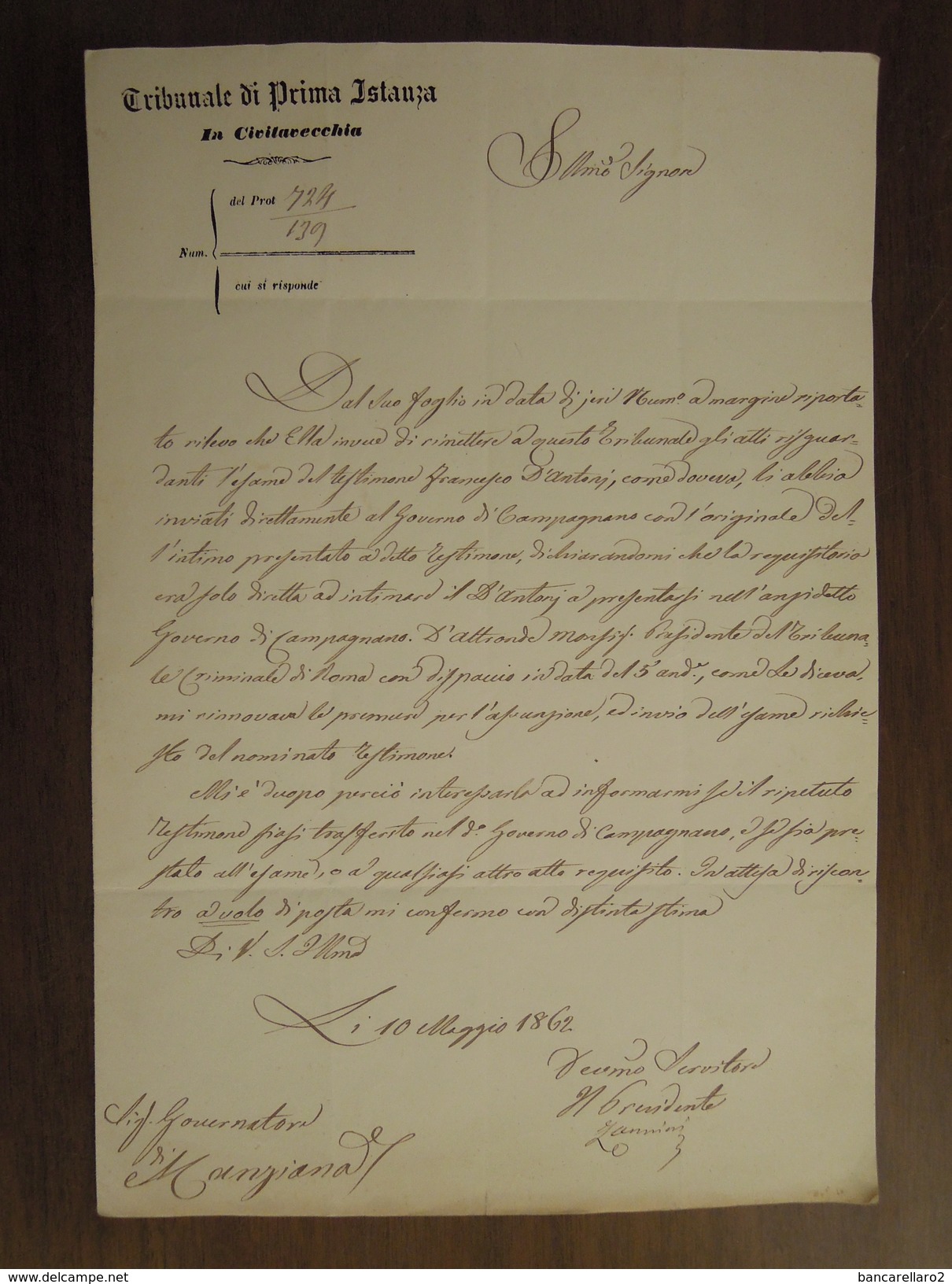 Civitavecchia  Tribunale Di Prima Istanza  10 Maggio 1862  All' ILLmo Signor Governatore Di Manziana - Civitavecchia