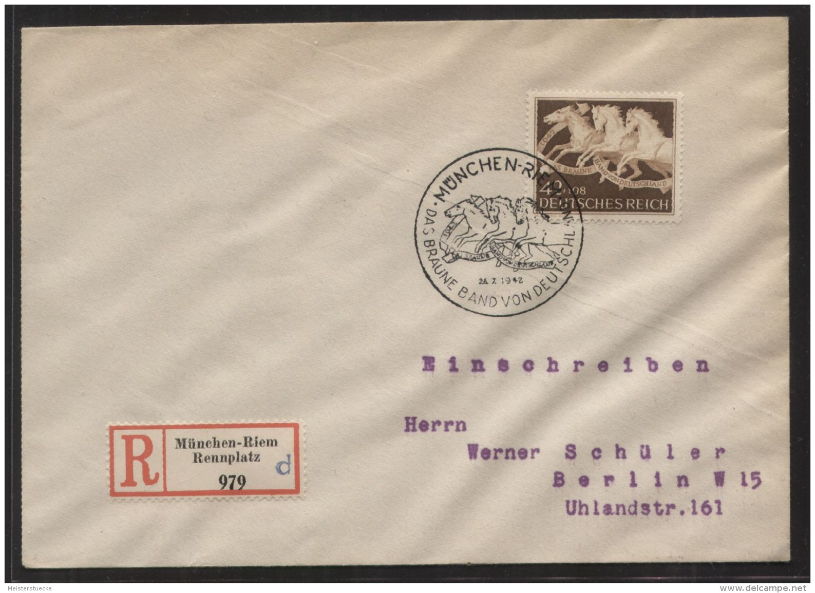 Dt. Reich - MiNr. 815 Als EF Auf R-Brief Mit SST MÜNCHEN-RIEM 26.7.1942 - DAS BRAUNE BAND VON DEUTSCHLAND 1941 - Briefe U. Dokumente