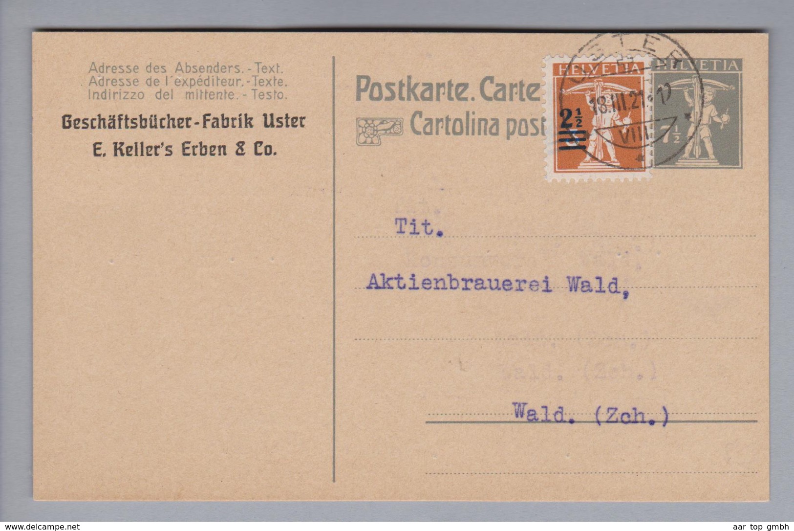 Schweiz Ganzsache Mit Privatzudruck 1921-03-18 "E.Keller's Erben & Co." Uster - Ganzsachen