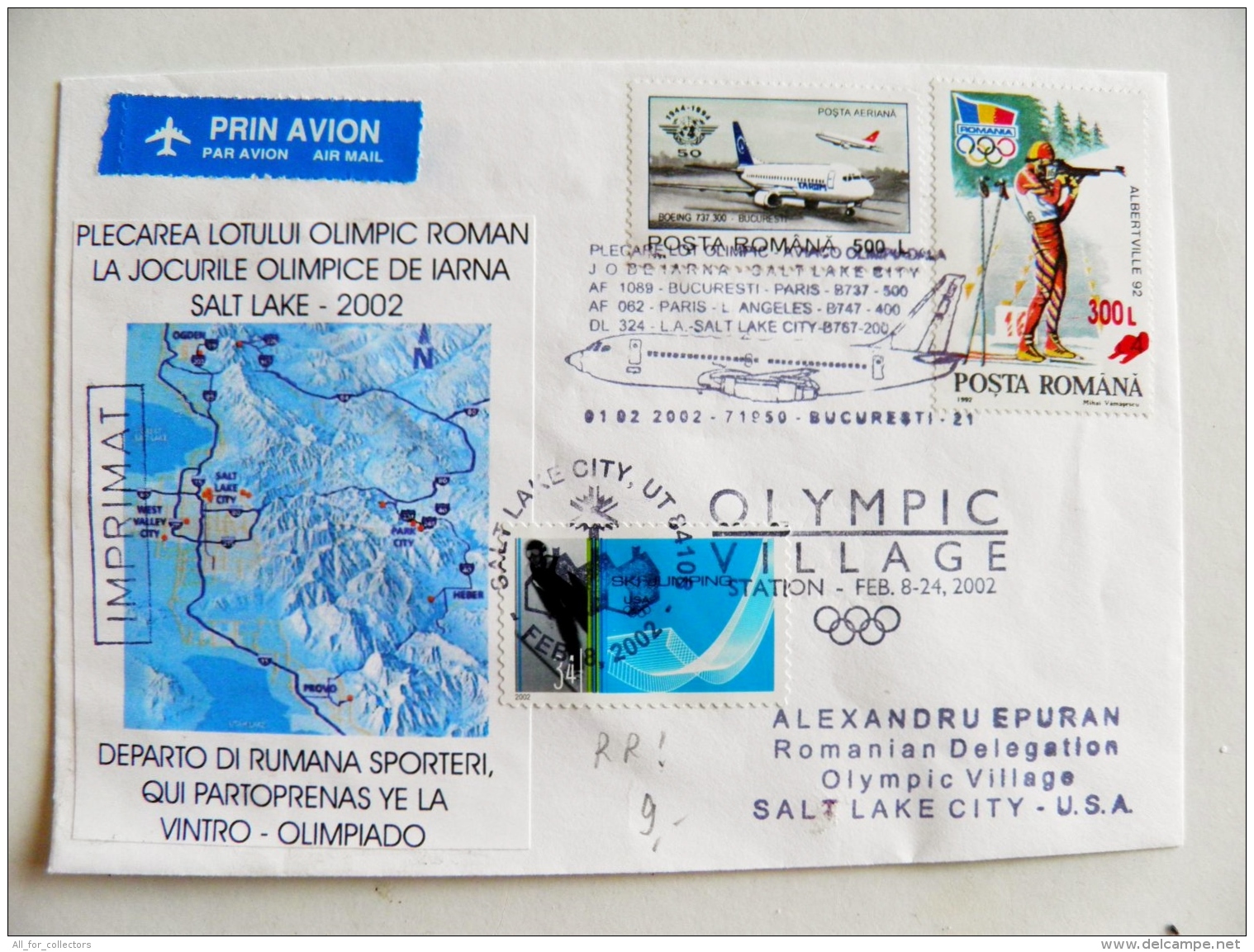 Rare Cover Sent From Romania To Usa Village 2002 Olympic Games Salt Lake City Special Cancel Avion Plane Boeing Biathlon - Covers & Documents