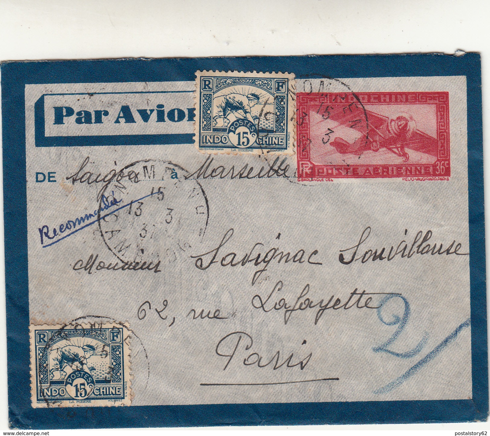 Cambogia To Paris, Cover Raccomandata 1937 - Airmail