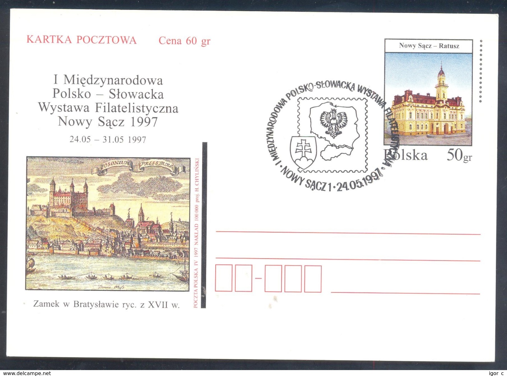 Poland Postal Staionery Card 1997: Fauna Eagle Adler Aigle Aquila; Architecture Castle Bratislava; Town Hall Nowy Sacz - Adler & Greifvögel