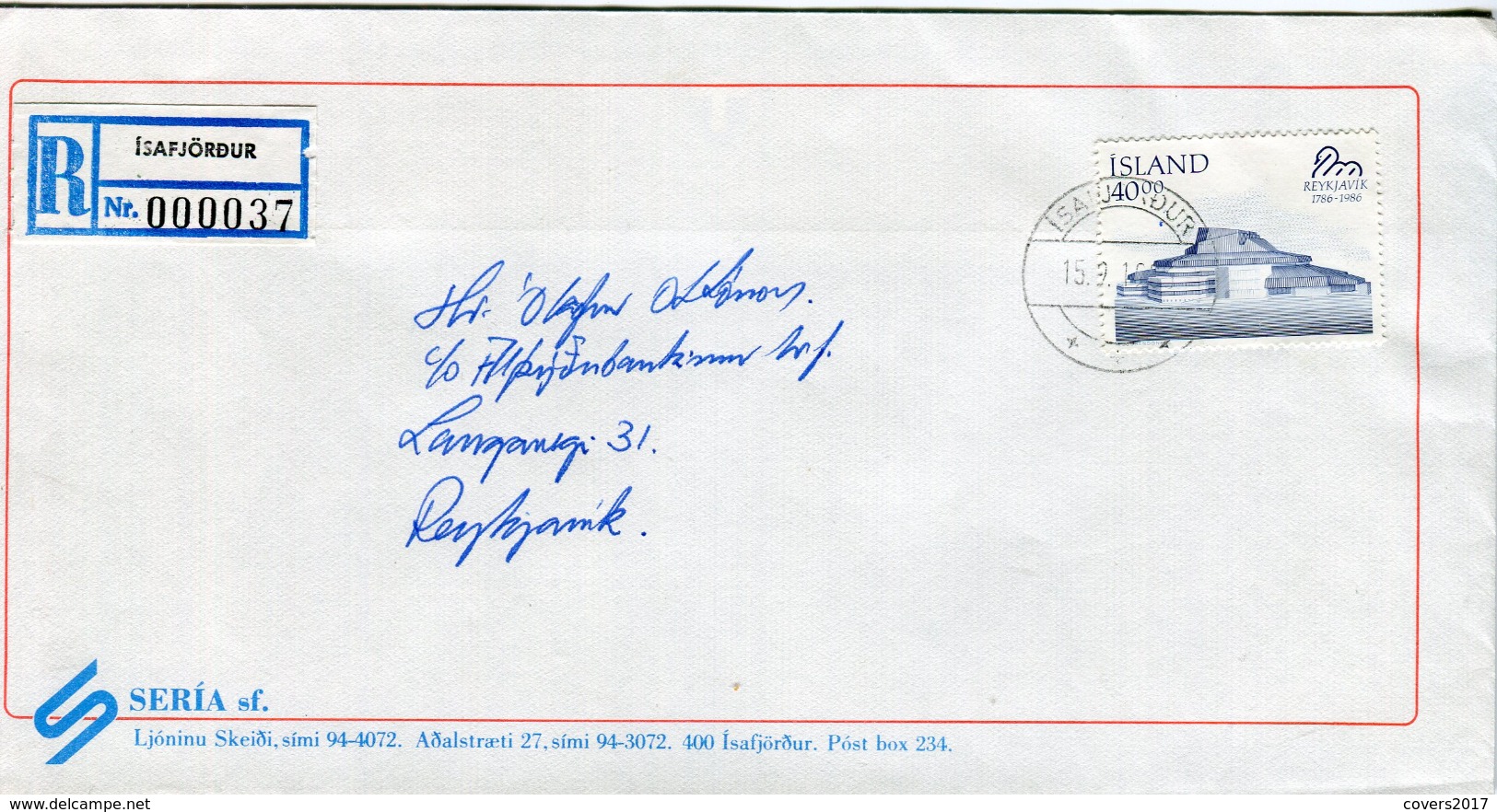 Iceland/Islande/Ijsland/Island Fine Registered Cover 1986 Ísafjörður - Sonstige & Ohne Zuordnung