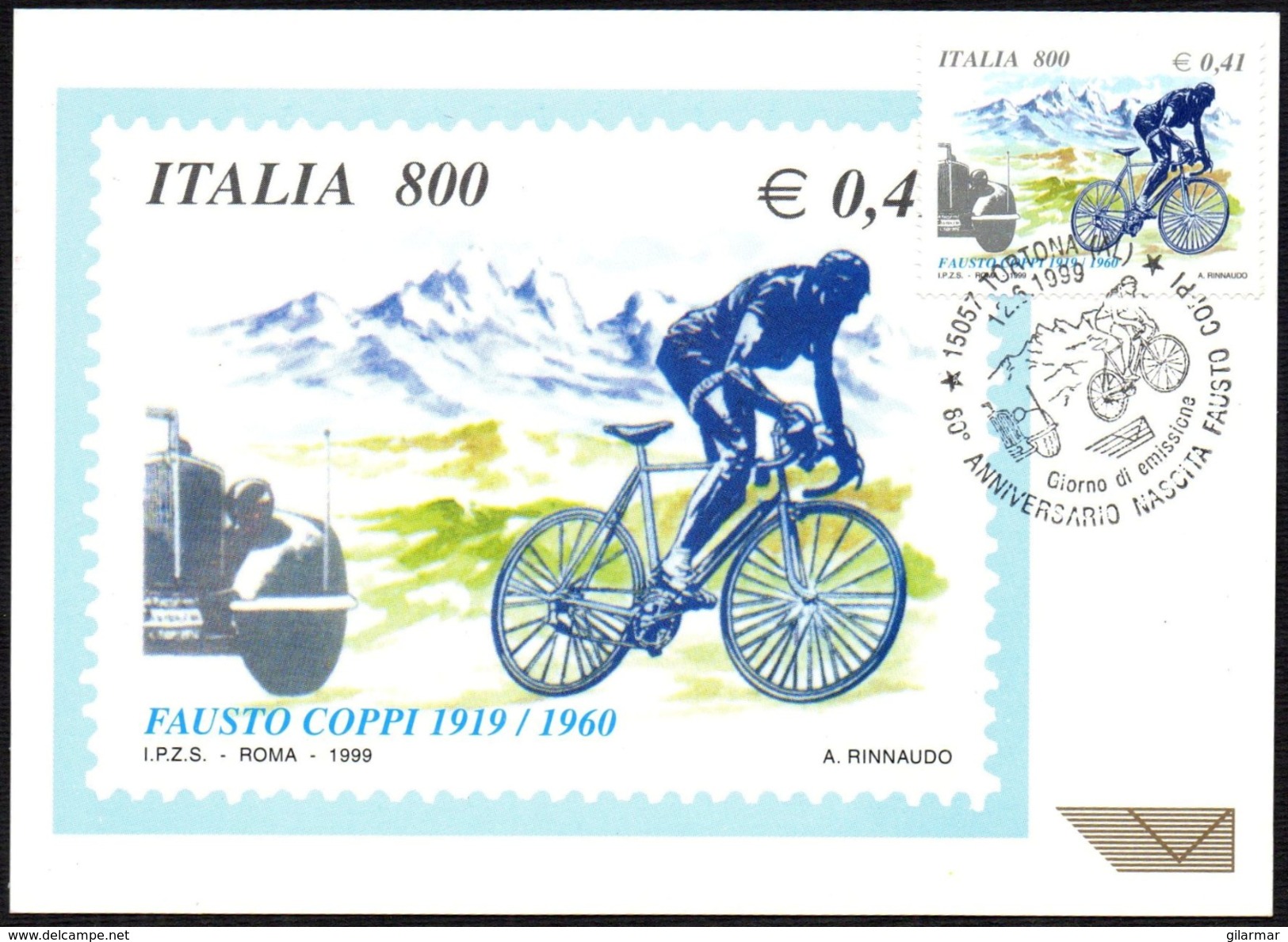 CYCLING - ITALIA TORTONA (AL) 1999 - 60° ANNIVERSARIO NASCITA FAUSTO COPPI - CARTOLINA POSTE CON ANNULLO PRIMO GIORNO - Ciclismo